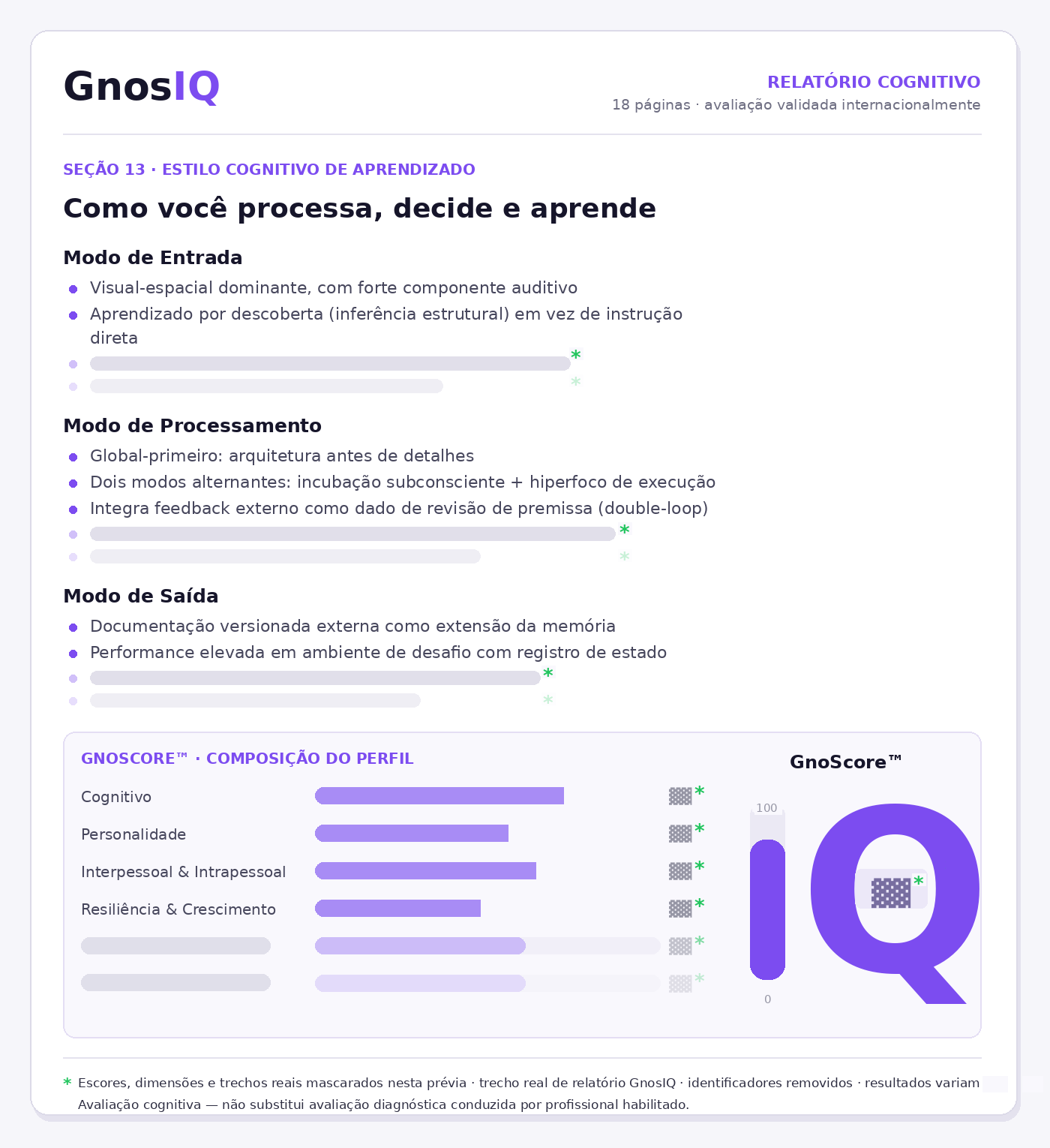 Trecho real do relatório GnosIQ de 18 páginas com escores mascarados